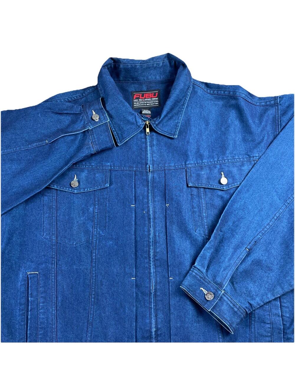 VTG 90’s FUBU Raw Denim Indigo Blue Dye Jean Jacket Y2K Hip Hop Baggy Men’s 3XL